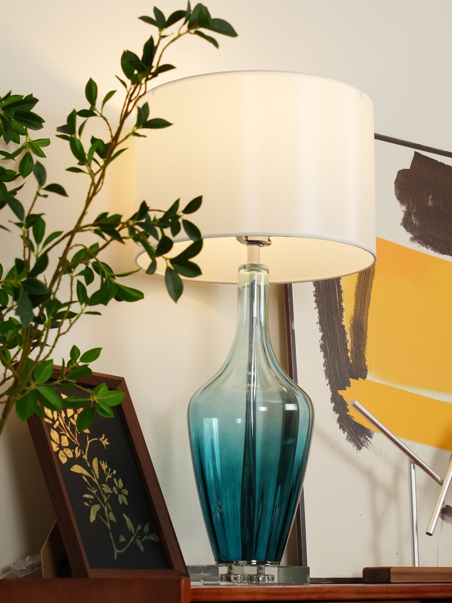 Modern Azure Blue Glass Table Lamp with Crystal Accents and Beige Linen Drum Shade