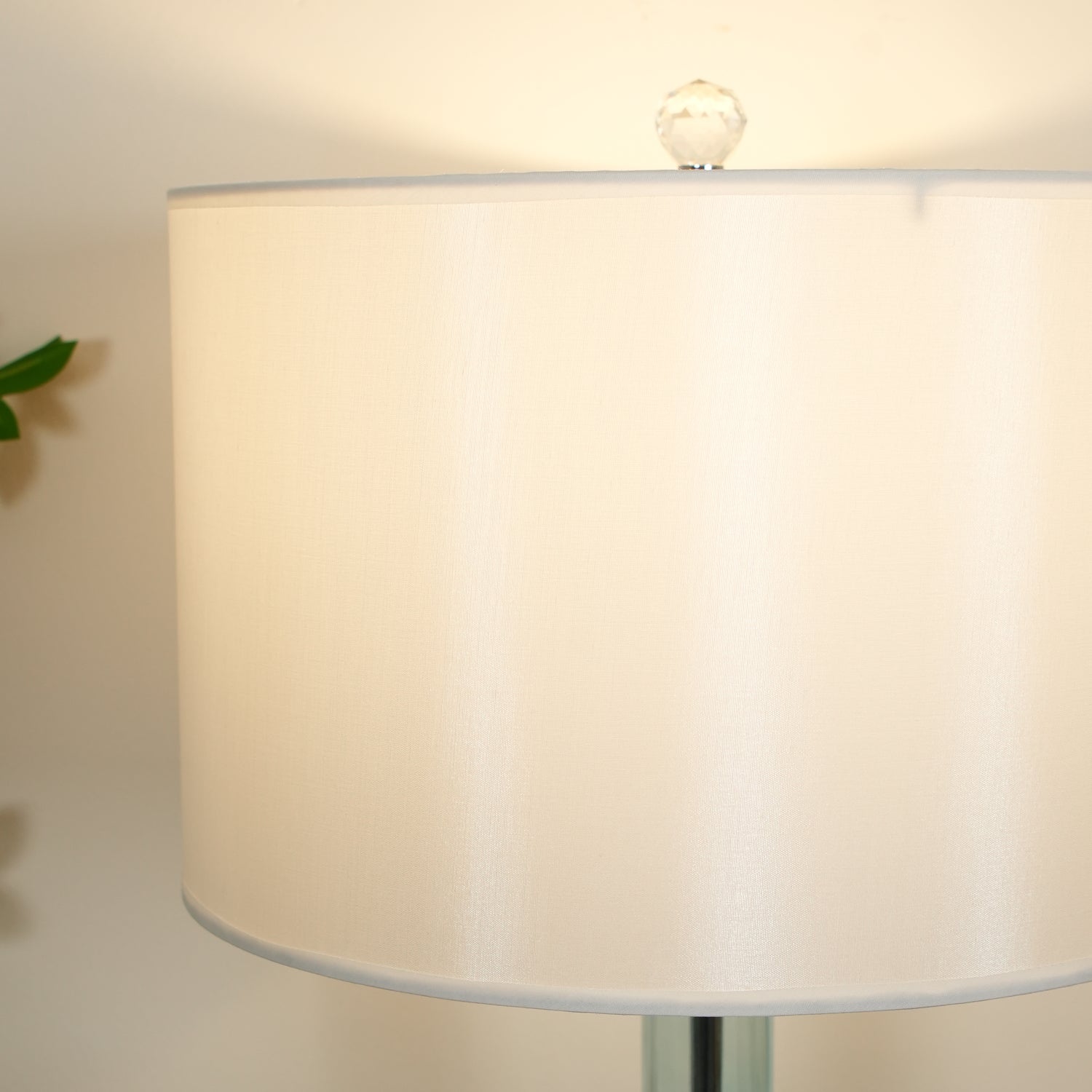 Modern Azure Blue Glass Table Lamp with Crystal Accents and Beige Linen Drum Shade
