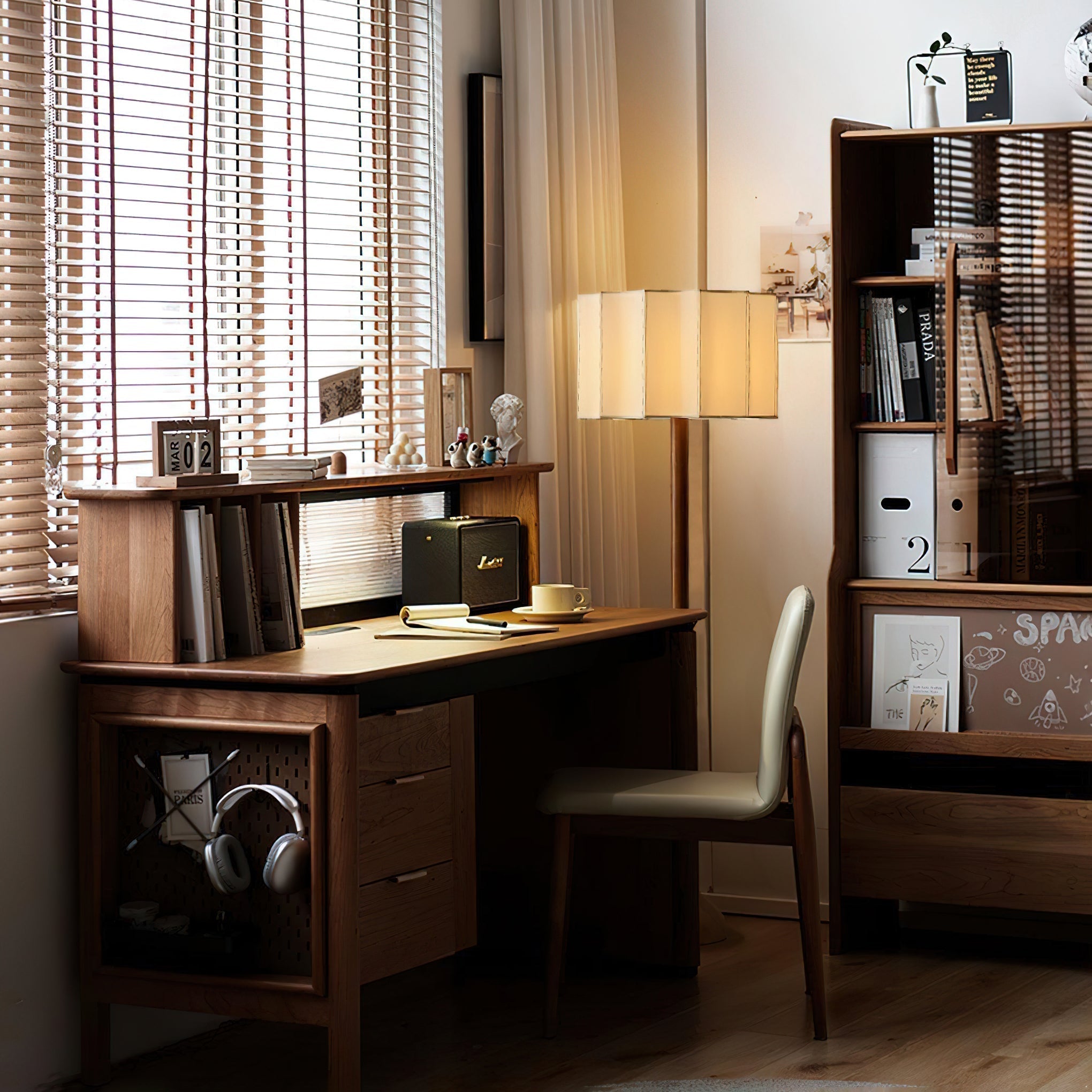 Hakka Modern Walnut Wood Standing Floor Lamp with Beige Fabric Shade