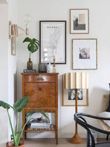 Hakka Modern Walnut Wood Standing Floor Lamp with Beige Fabric Shade