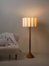 Hakka Modern Walnut Wood Standing Floor Lamp with Beige Fabric Shade