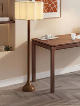 Hakka Modern Walnut Wood Standing Floor Lamp with Beige Fabric Shade