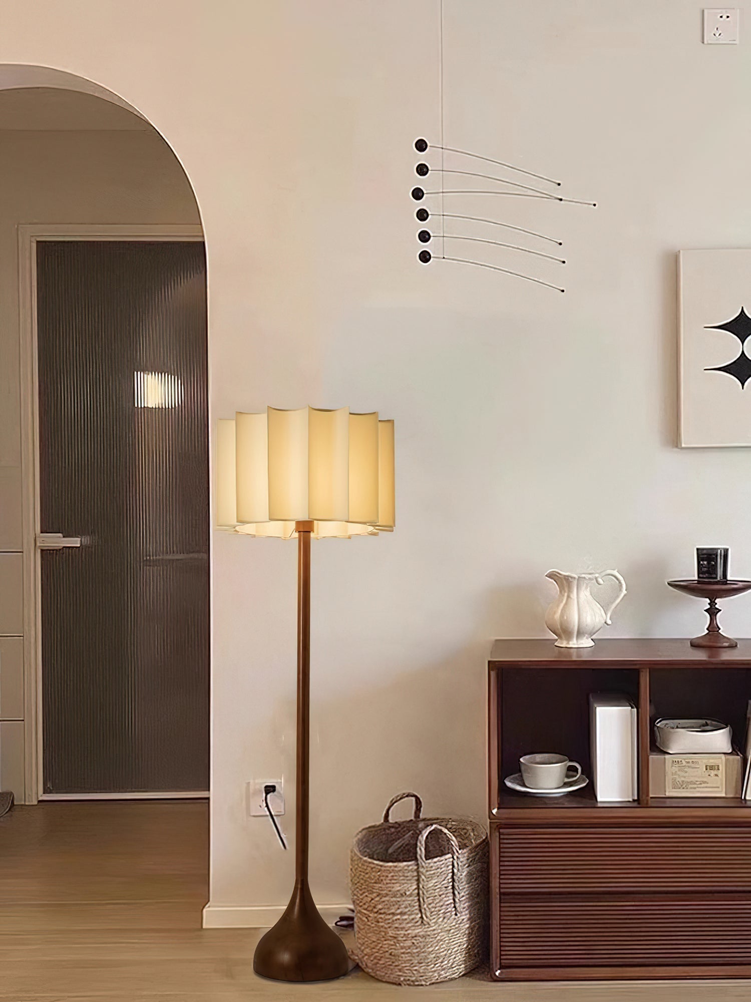 Hakka Modern Walnut Wood Standing Floor Lamp with Beige Fabric Shade