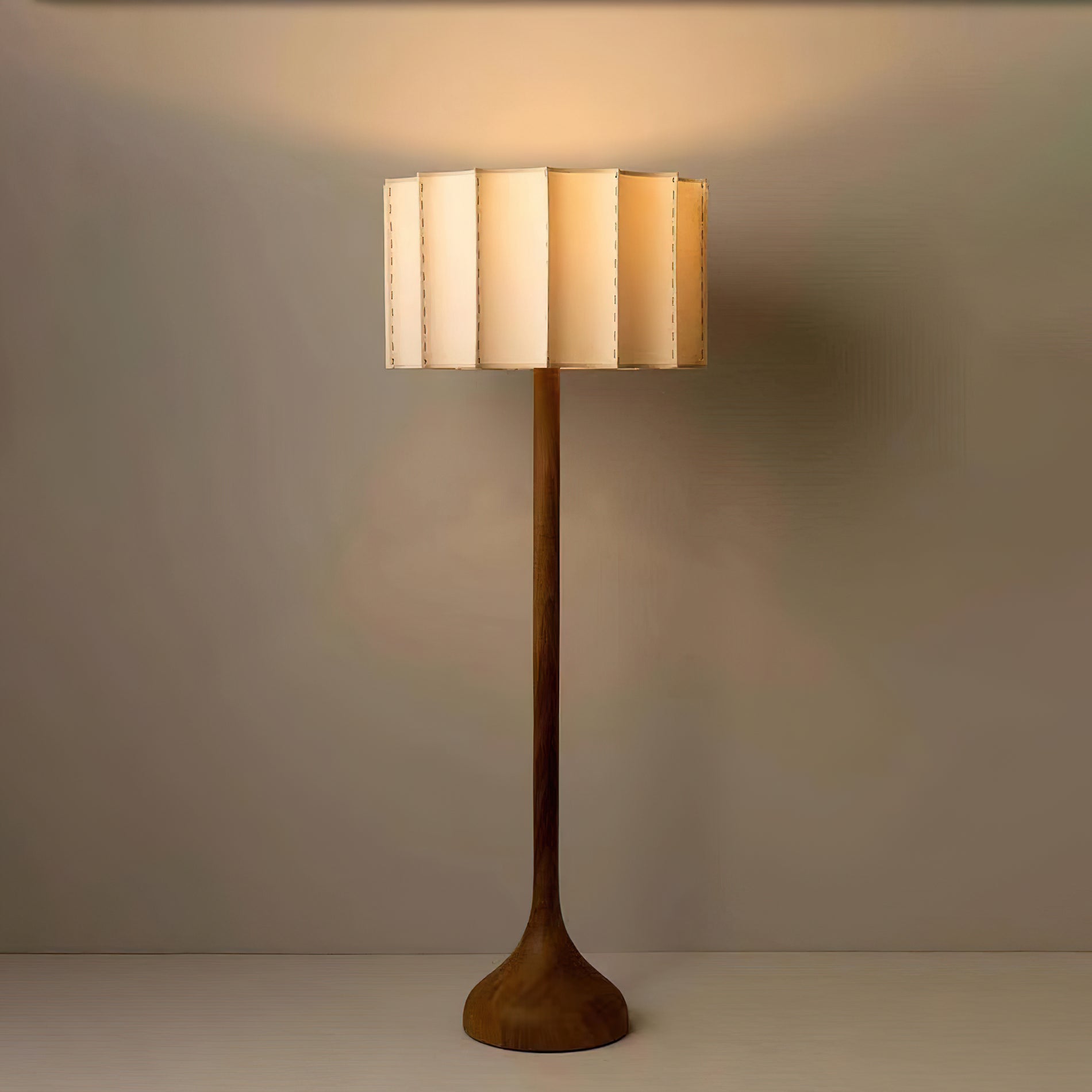 Hakka Modern Walnut Wood Standing Floor Lamp with Beige Fabric Shade