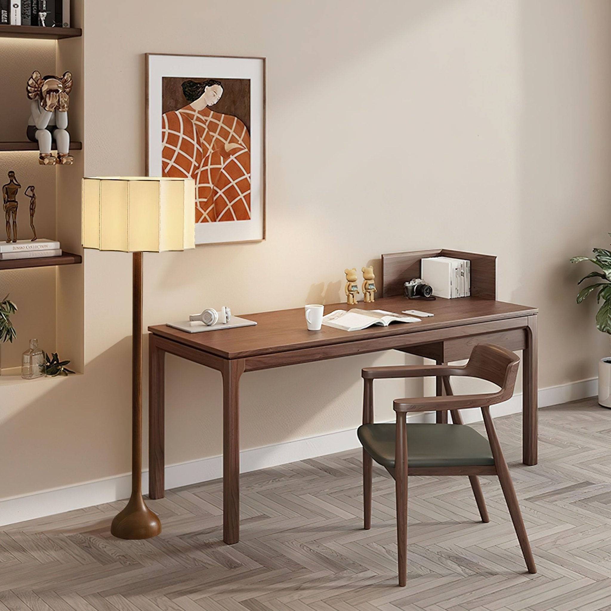 Hakka Modern Walnut Wood Standing Floor Lamp with Beige Fabric Shade