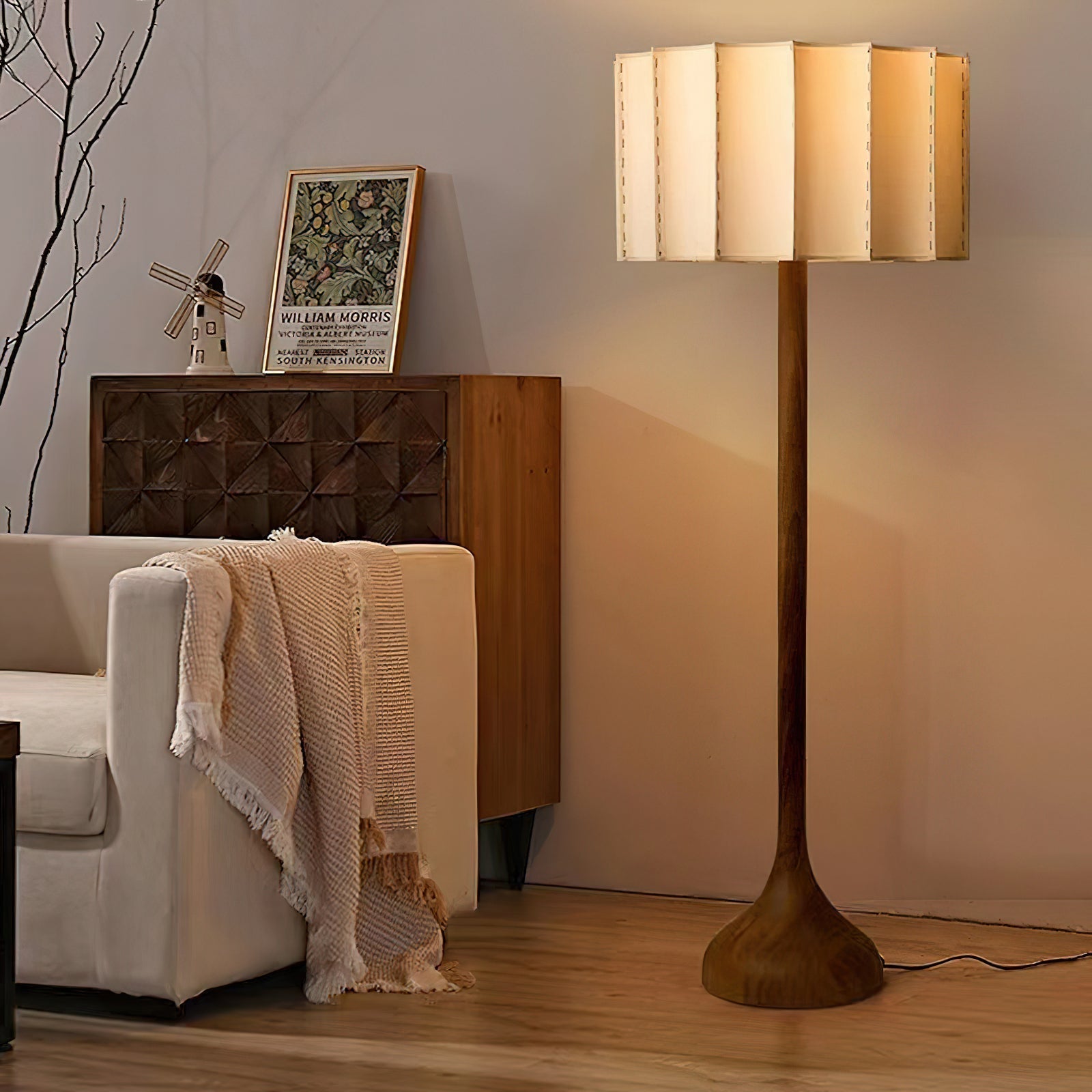 Hakka Modern Walnut Wood Standing Floor Lamp with Beige Fabric Shade