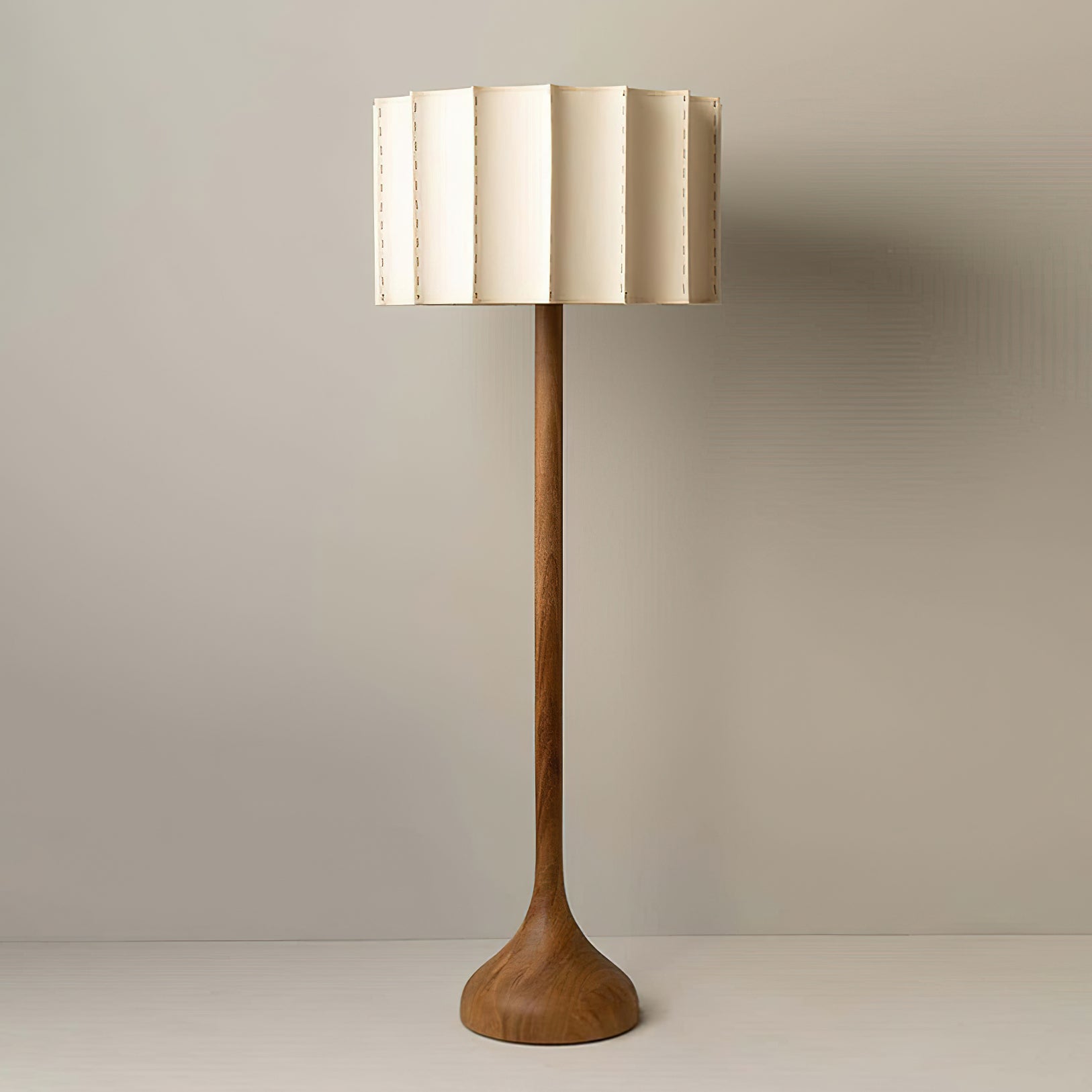 Hakka Modern Walnut Wood Standing Floor Lamp with Beige Fabric Shade