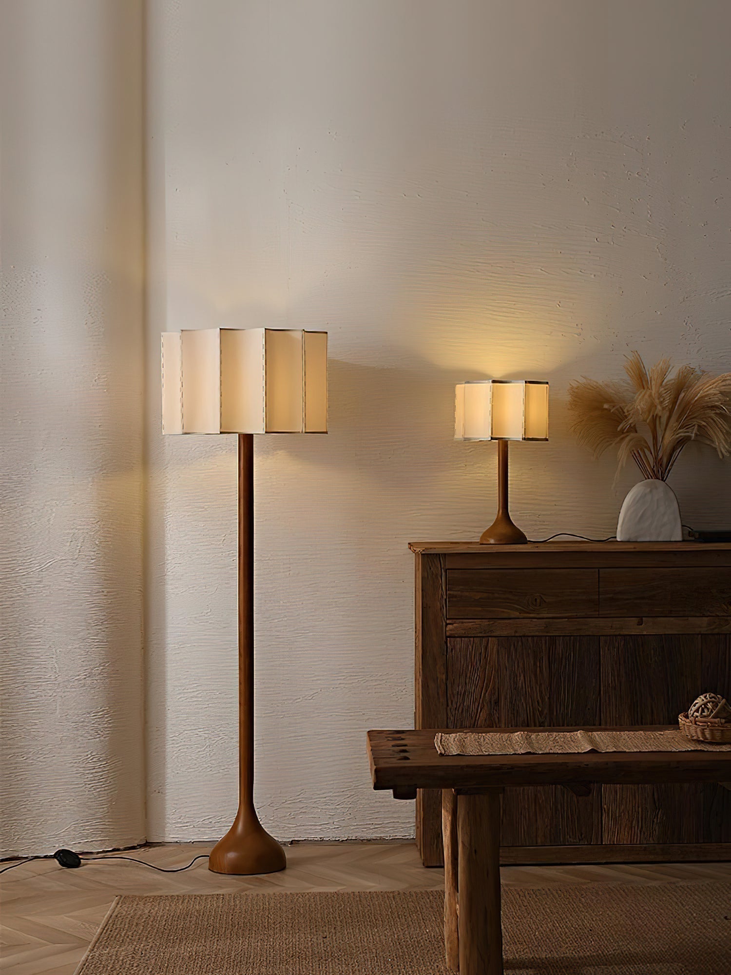 Hakka Modern Walnut Wood Standing Floor Lamp with Beige Fabric Shade