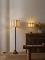 Hakka Modern Walnut Wood Standing Floor Lamp with Beige Fabric Shade