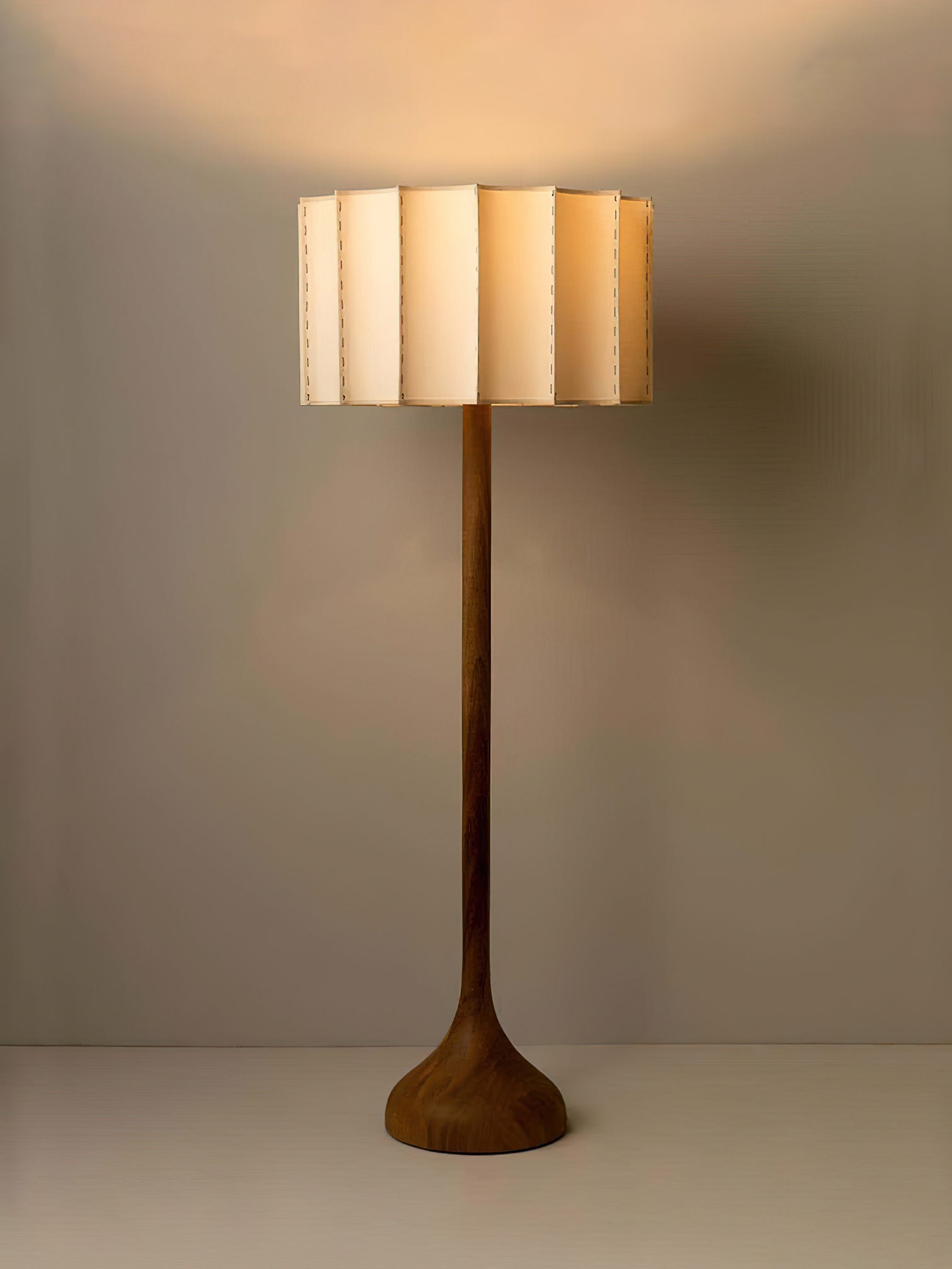 Hakka Modern Walnut Wood Standing Floor Lamp with Beige Fabric Shade