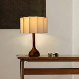 Hakka Modern Oak Wood Table Lamp with Beige Fabric Shade for Bedside Lighting