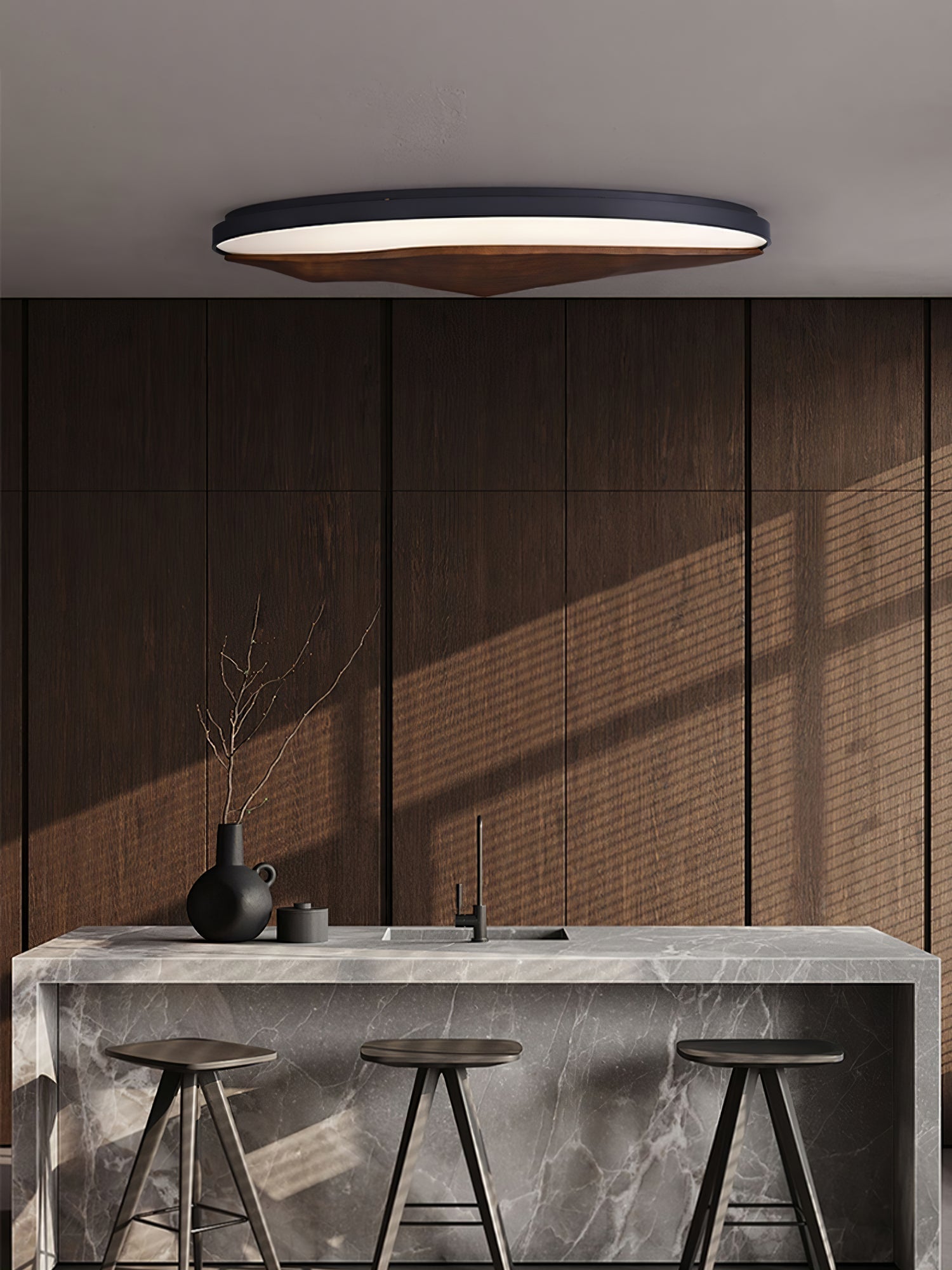 Minimalist Mountain Peak LED Flush Mount Ceiling Light with Wood Base and Acrylic Shade