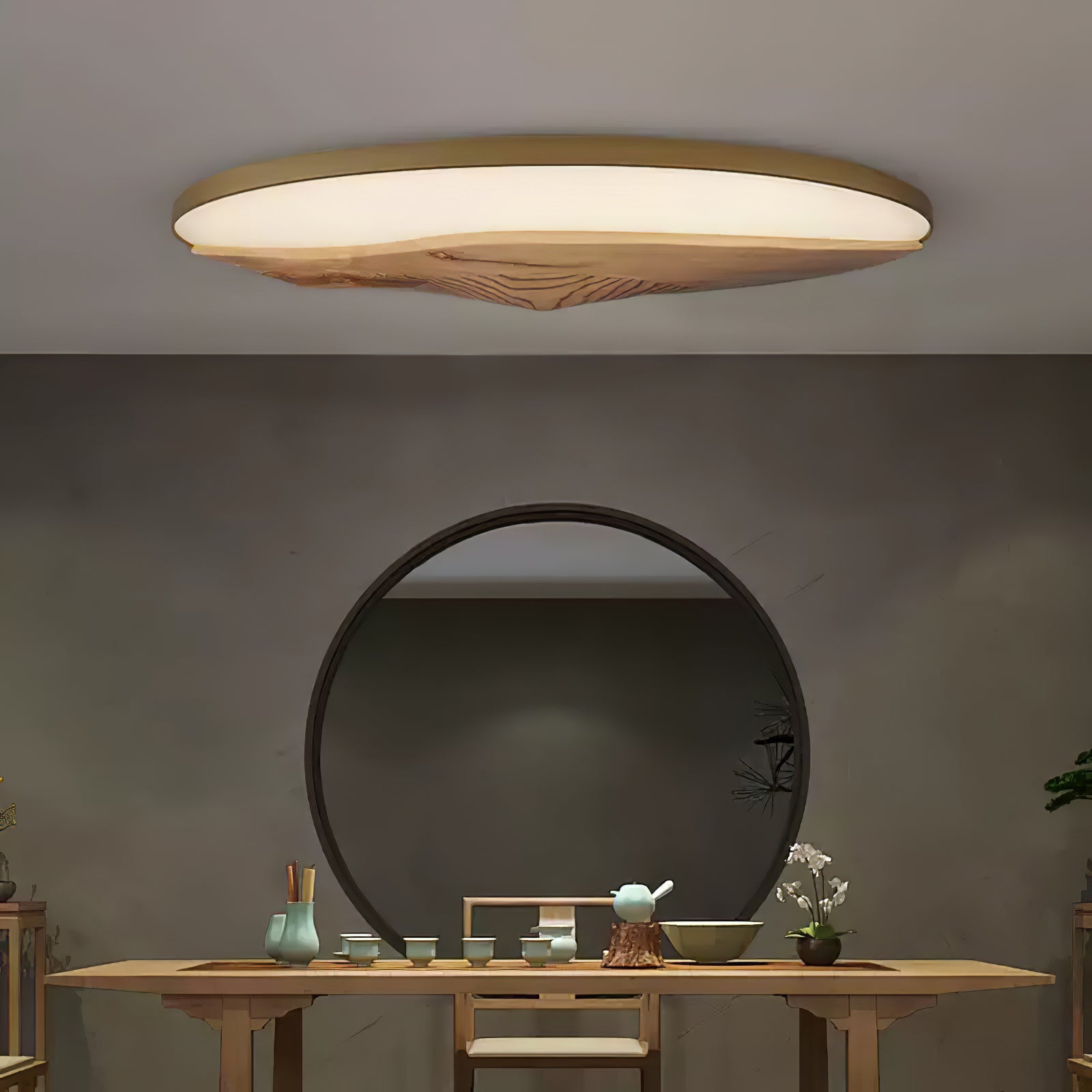 Minimalist Mountain Peak LED Flush Mount Ceiling Light with Wood Base and Acrylic Shade
