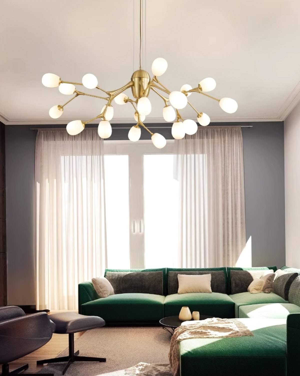 modern-brass-chandelier-with-pearl-glass-shades-and-elegant-curved-arms