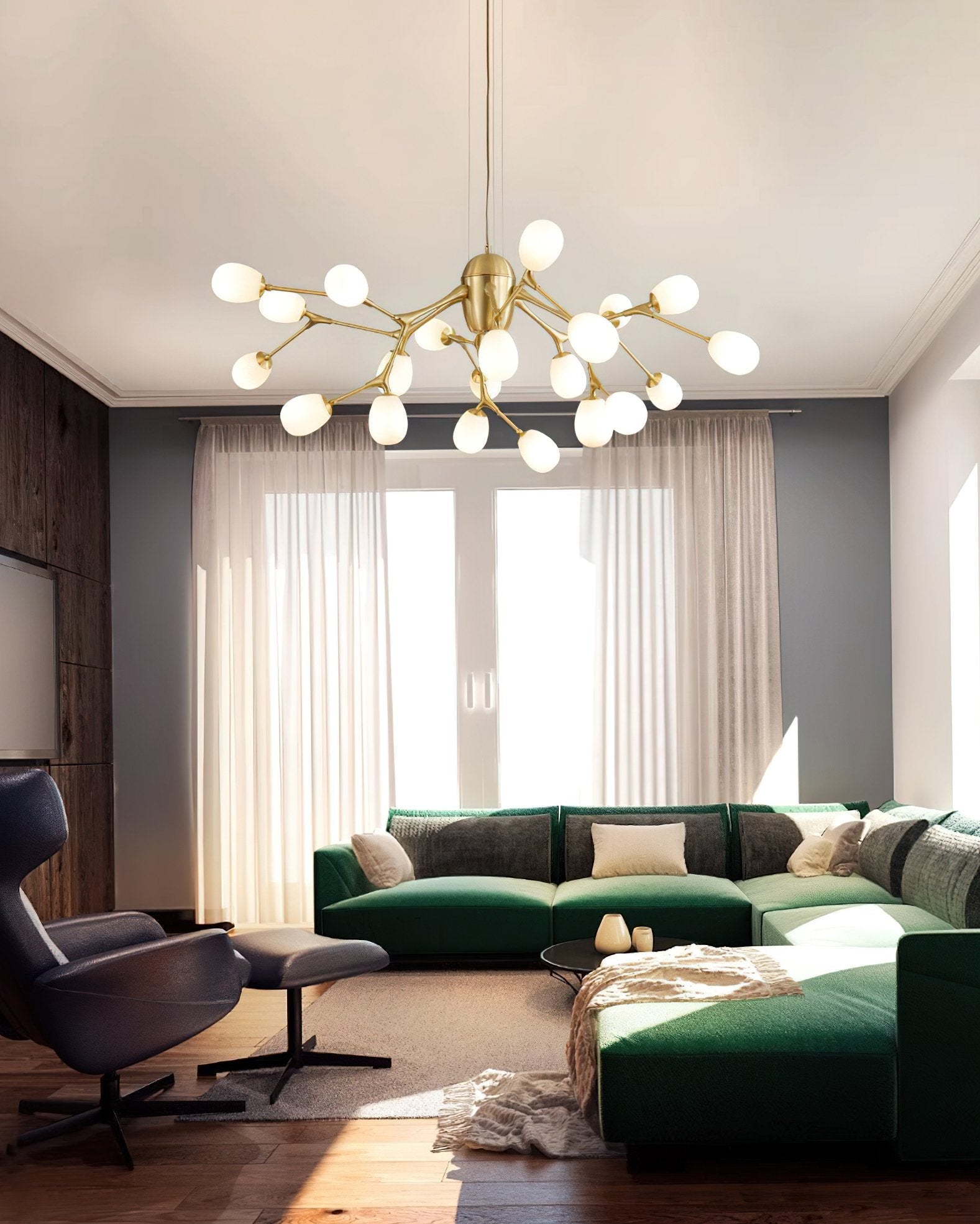 modern-brass-chandelier-with-pearl-glass-shades-and-elegant-curved-arms