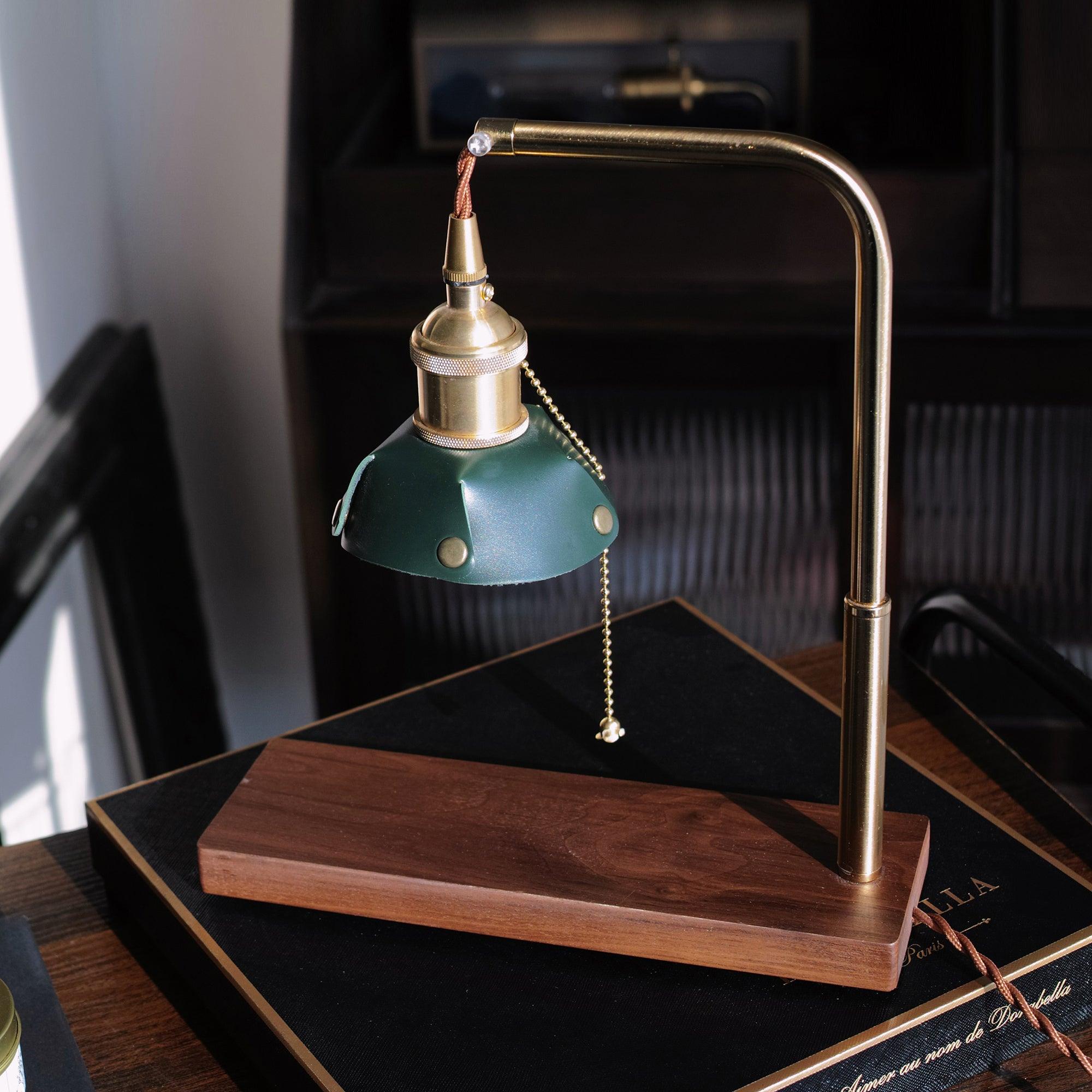 Vintage Wood and Leather Table Lamp Retro Industrial Design for Bedroom and Office