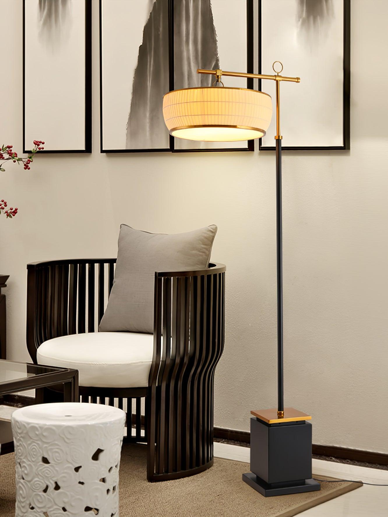 Modern Fabric Standing Floor Lamp with Iron Base and Beige Shade for Living Room