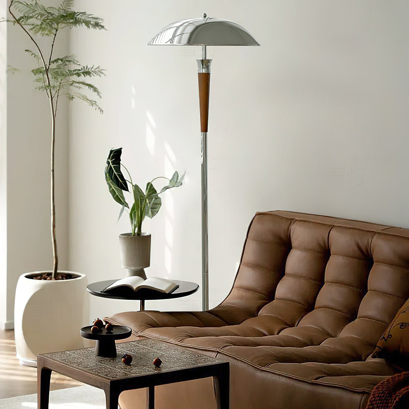 Modern Helmet Floor Lamp with Walnut Wood Base and Polished Chrome Shade