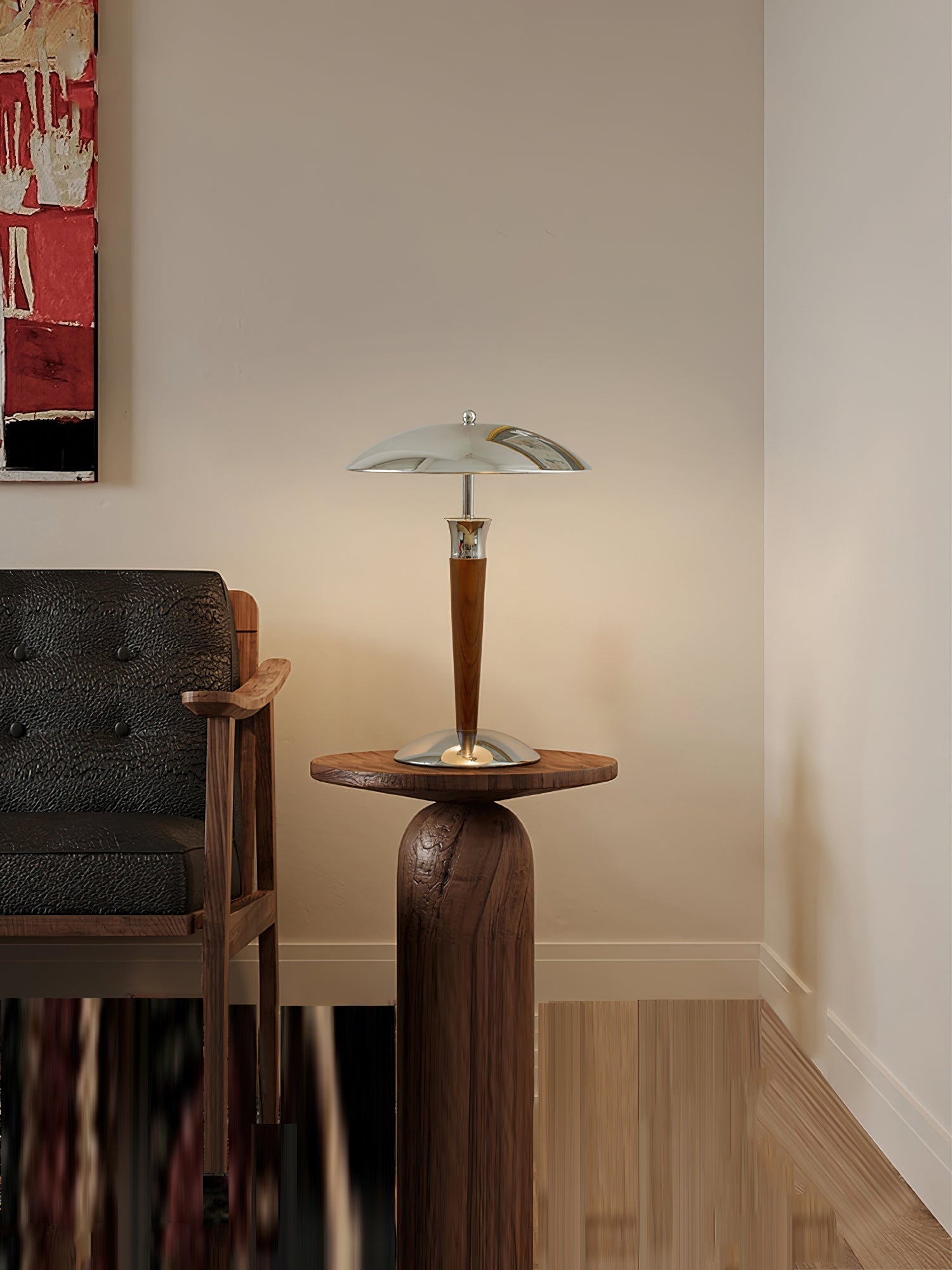 Modern Helmet Floor Lamp with Walnut Wood Base and Polished Chrome Shade