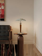 Modern Helmet Floor Lamp with Walnut Wood Base and Polished Chrome Shade