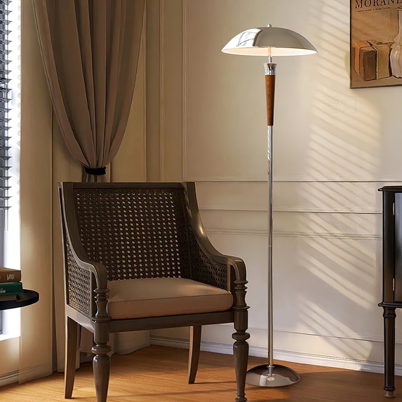 Modern Helmet Floor Lamp with Walnut Wood Base and Polished Chrome Shade