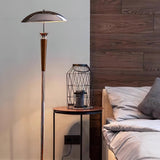 Modern Helmet Floor Lamp with Walnut Wood Base and Polished Chrome Shade