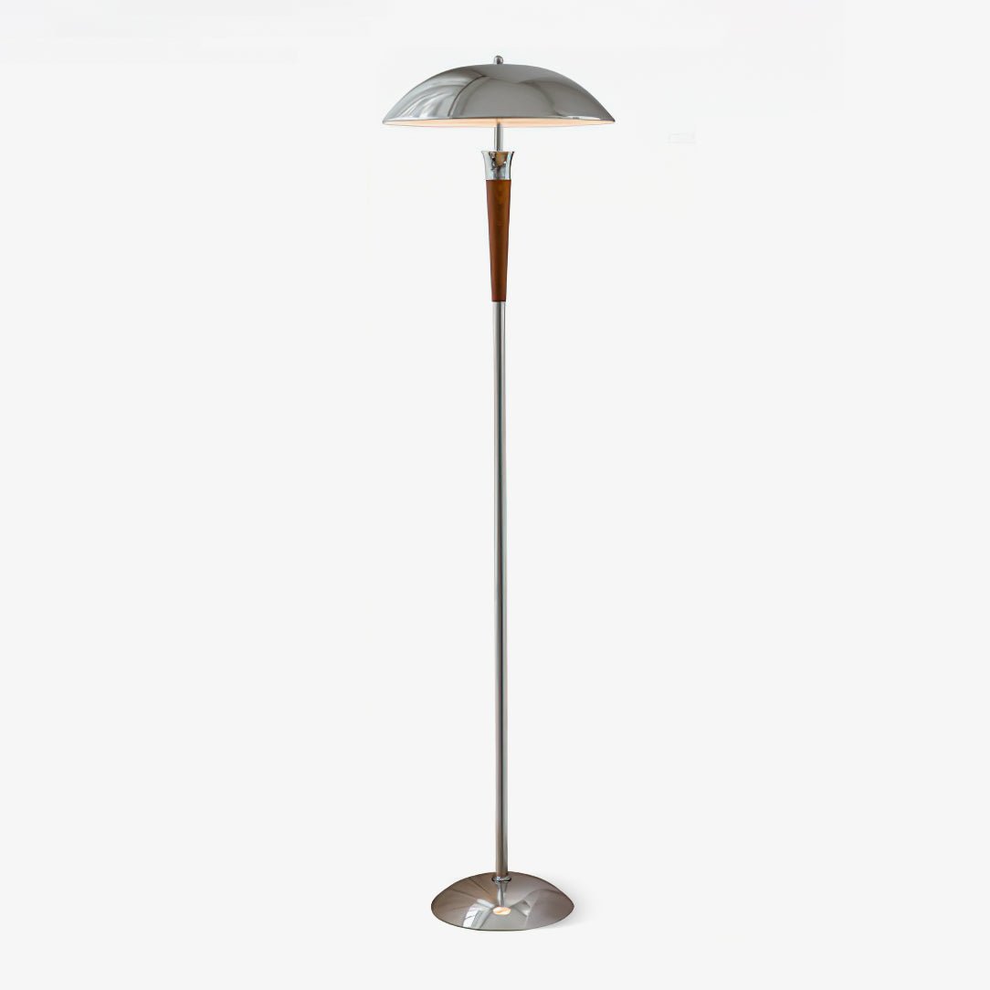 Modern Helmet Floor Lamp with Walnut Wood Base and Polished Chrome Shade