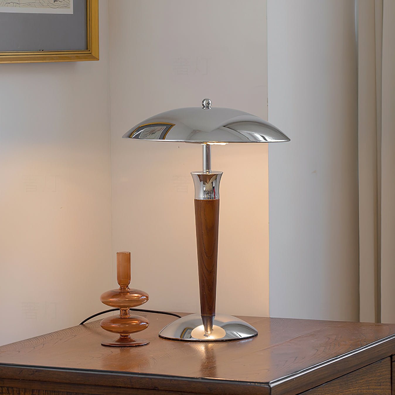 Modern Helmet Floor Lamp with Walnut Wood Base and Polished Chrome Shade