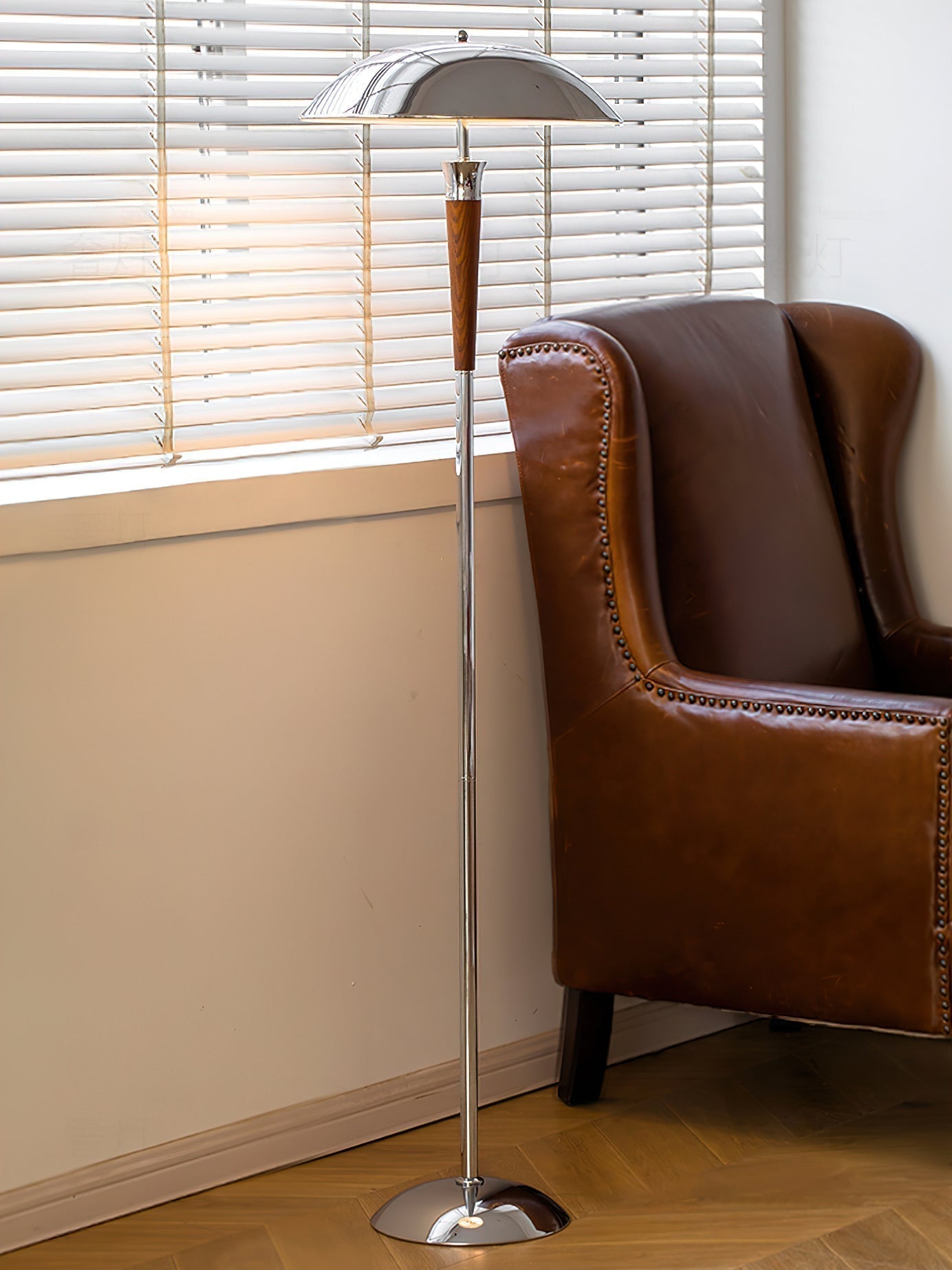 Modern Helmet Floor Lamp with Walnut Wood Base and Polished Chrome Shade