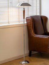 Modern Helmet Floor Lamp with Walnut Wood Base and Polished Chrome Shade