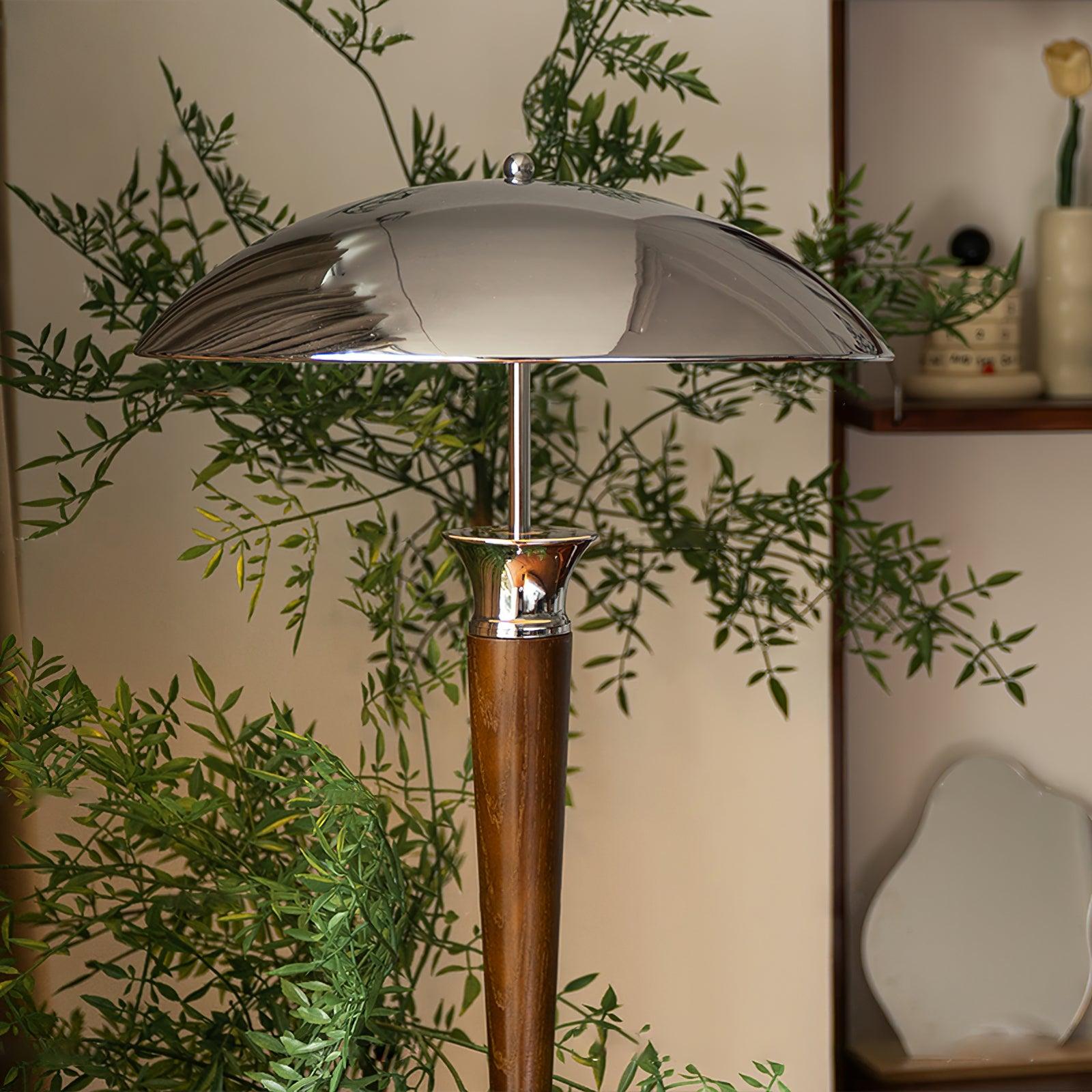 Modern Helmet Floor Lamp with Walnut Wood Base and Polished Chrome Shade