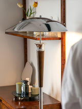 Modern Helmet Floor Lamp with Walnut Wood Base and Polished Chrome Shade