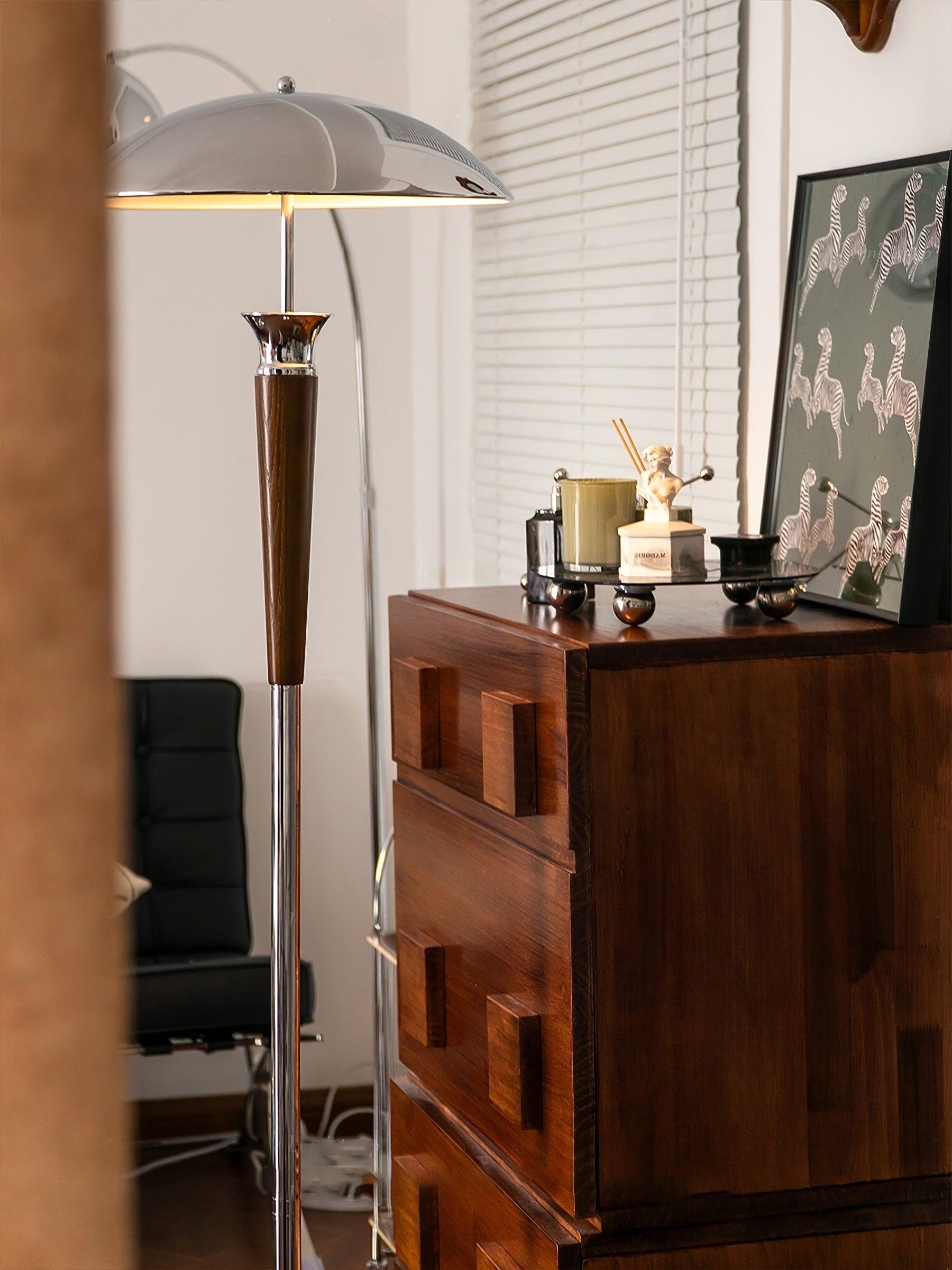 Modern Helmet Floor Lamp with Walnut Wood Base and Polished Chrome Shade