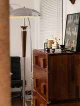 Modern Helmet Floor Lamp with Walnut Wood Base and Polished Chrome Shade