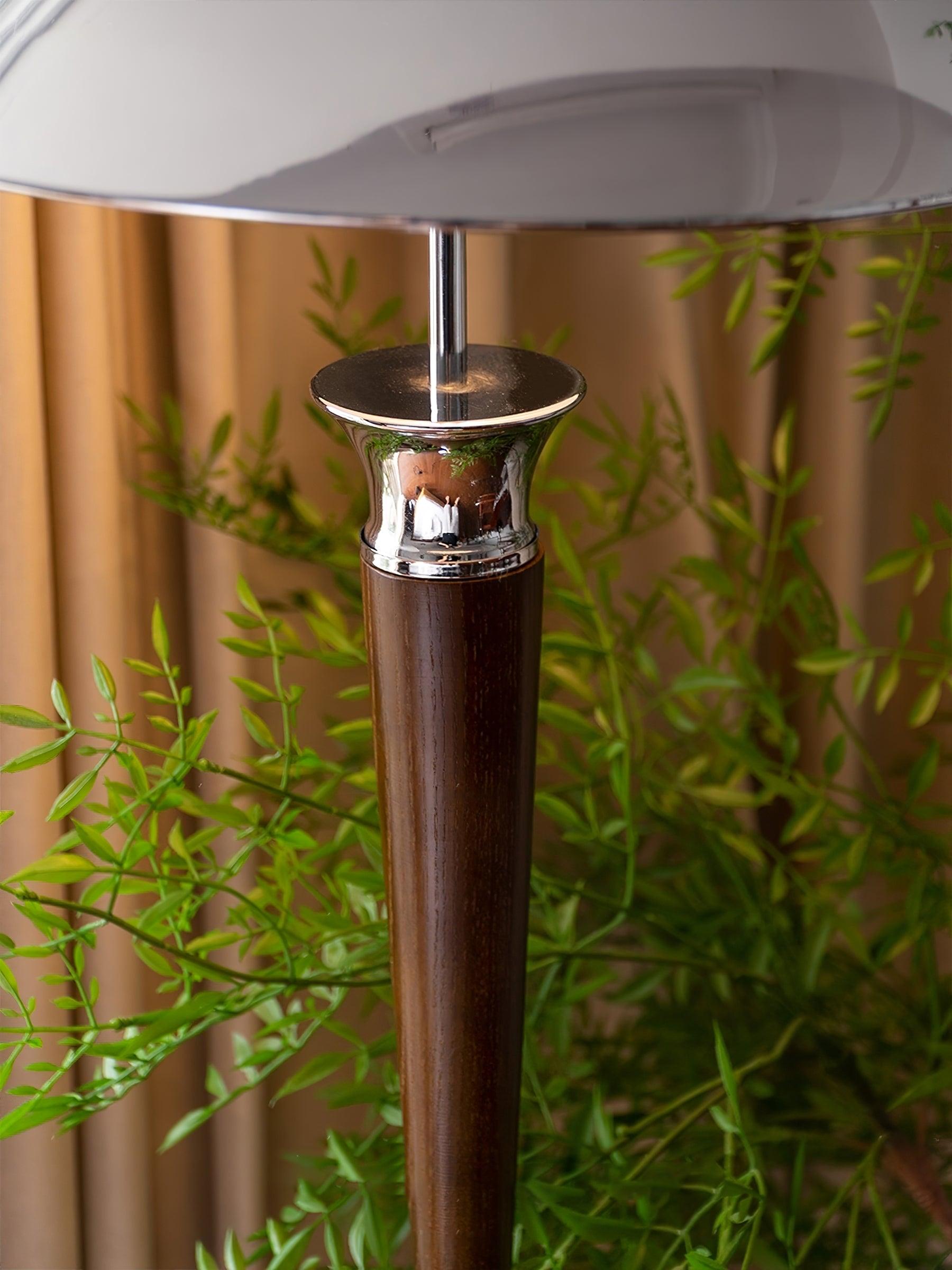 Modern Helmet Floor Lamp with Walnut Wood Base and Polished Chrome Shade