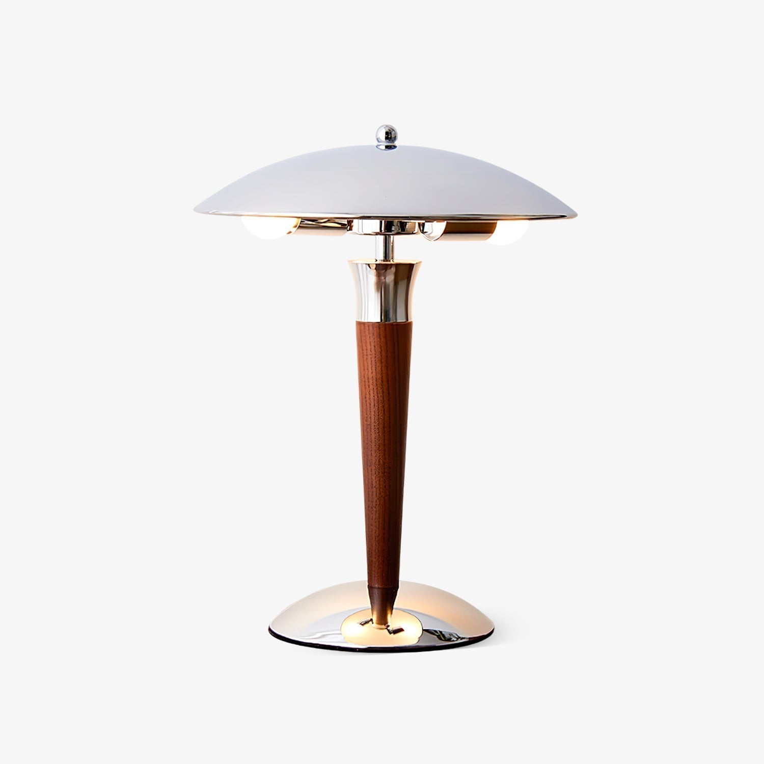 Modern Industrial Helmet Reading Lamp with Walnut Wood Base and Chrome Metal Shade