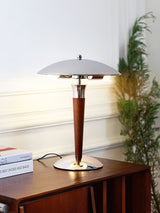 Modern Industrial Helmet Reading Lamp with Walnut Wood Base and Chrome Metal Shade