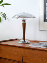 Modern Industrial Helmet Reading Lamp with Walnut Wood Base and Chrome Metal Shade