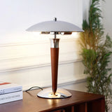 Modern Industrial Helmet Reading Lamp with Walnut Wood Base and Chrome Metal Shade