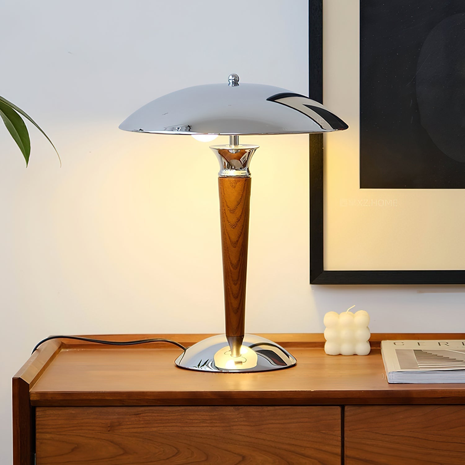 Modern Industrial Helmet Reading Lamp with Walnut Wood Base and Chrome Metal Shade