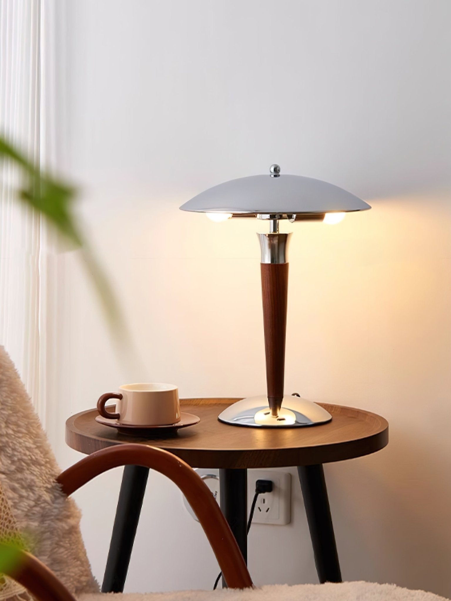 Modern Industrial Helmet Reading Lamp with Walnut Wood Base and Chrome Metal Shade
