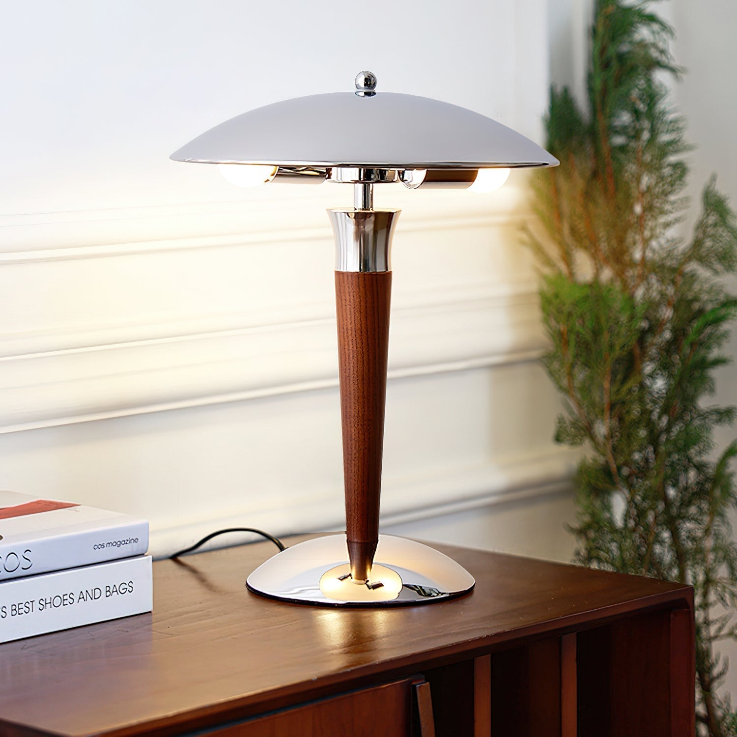 Modern Industrial Helmet Reading Lamp with Walnut Wood Base and Chrome Metal Shade