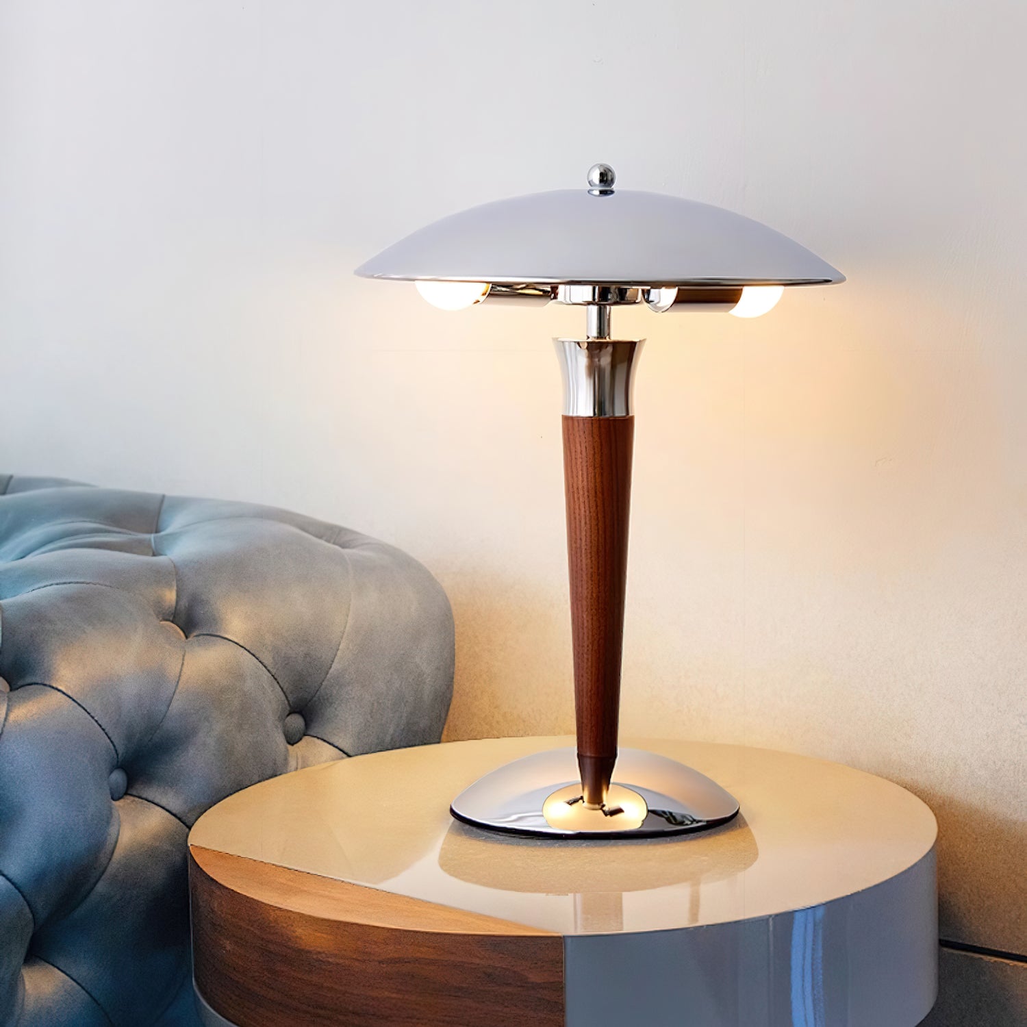 Modern Industrial Helmet Reading Lamp with Walnut Wood Base and Chrome Metal Shade