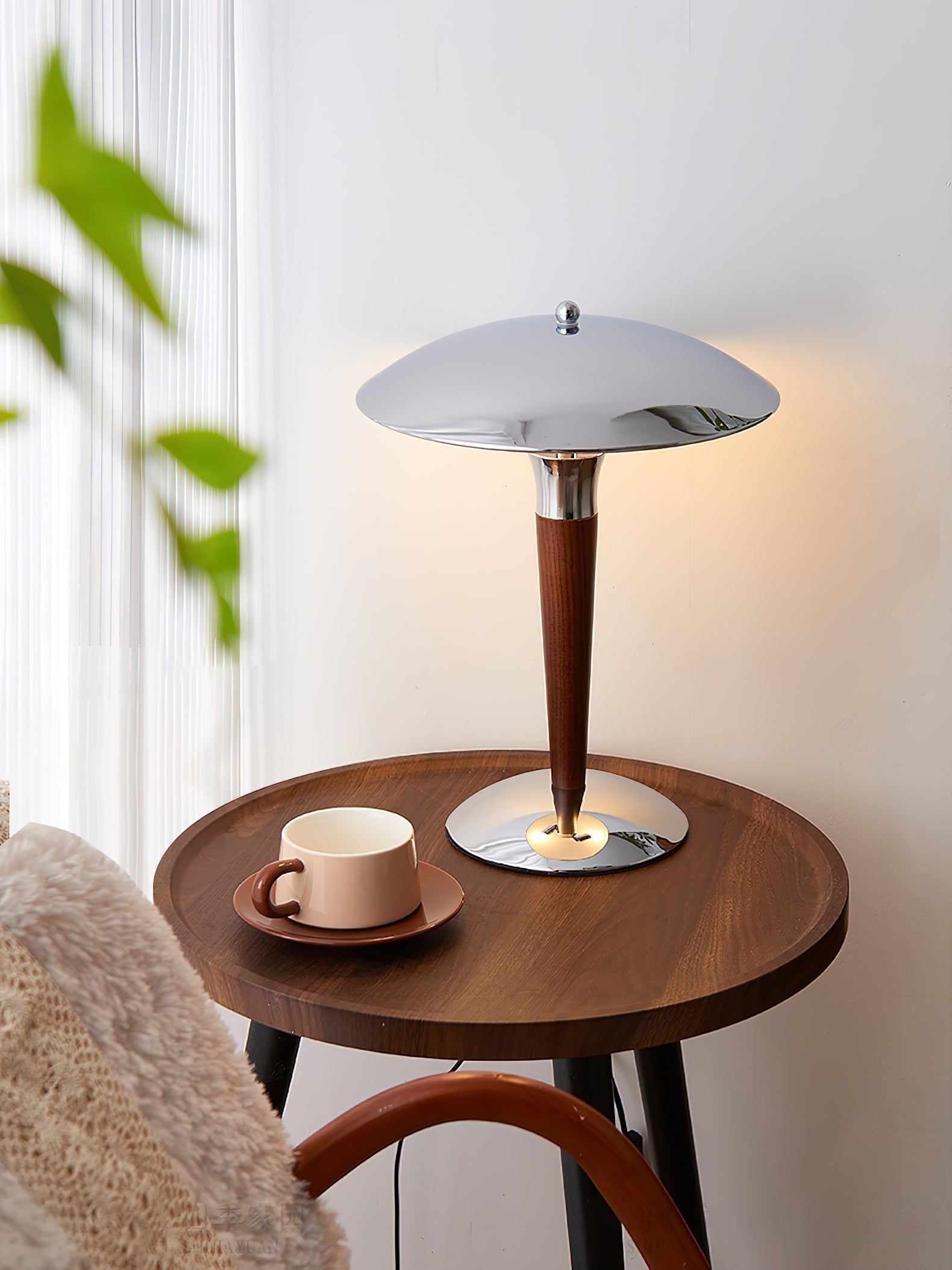 Modern Industrial Helmet Reading Lamp with Walnut Wood Base and Chrome Metal Shade