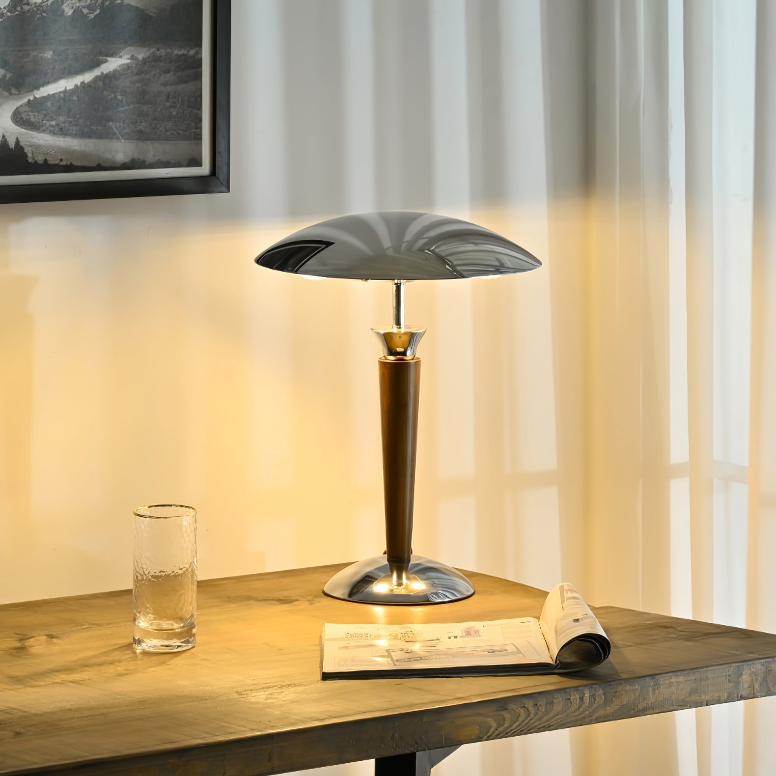 Modern Industrial Helmet Reading Lamp with Walnut Wood Base and Chrome Metal Shade
