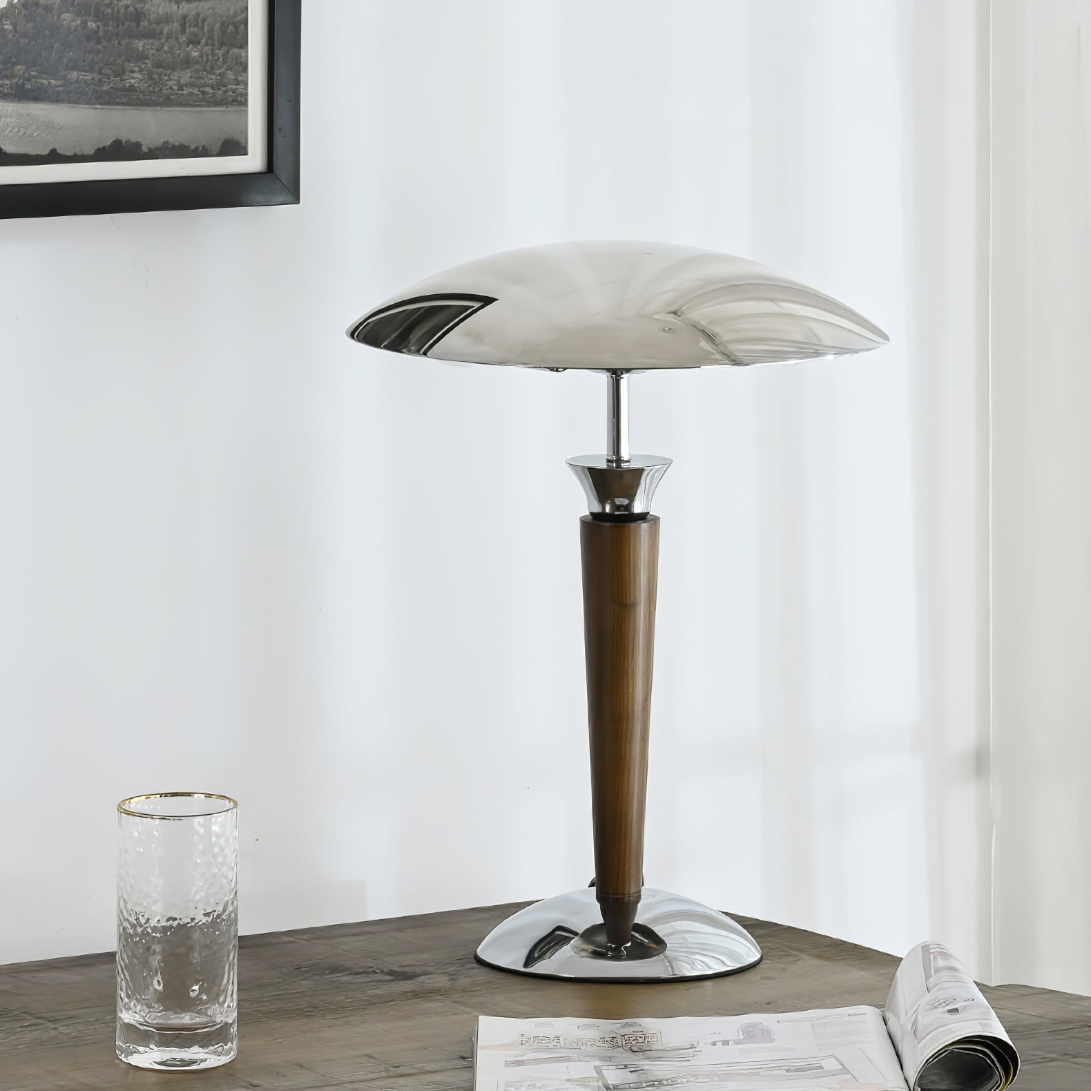 Modern Industrial Helmet Reading Lamp with Walnut Wood Base and Chrome Metal Shade
