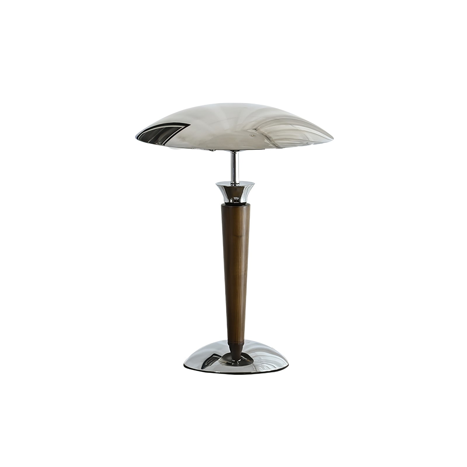 Modern Industrial Helmet Reading Lamp with Walnut Wood Base and Chrome Metal Shade