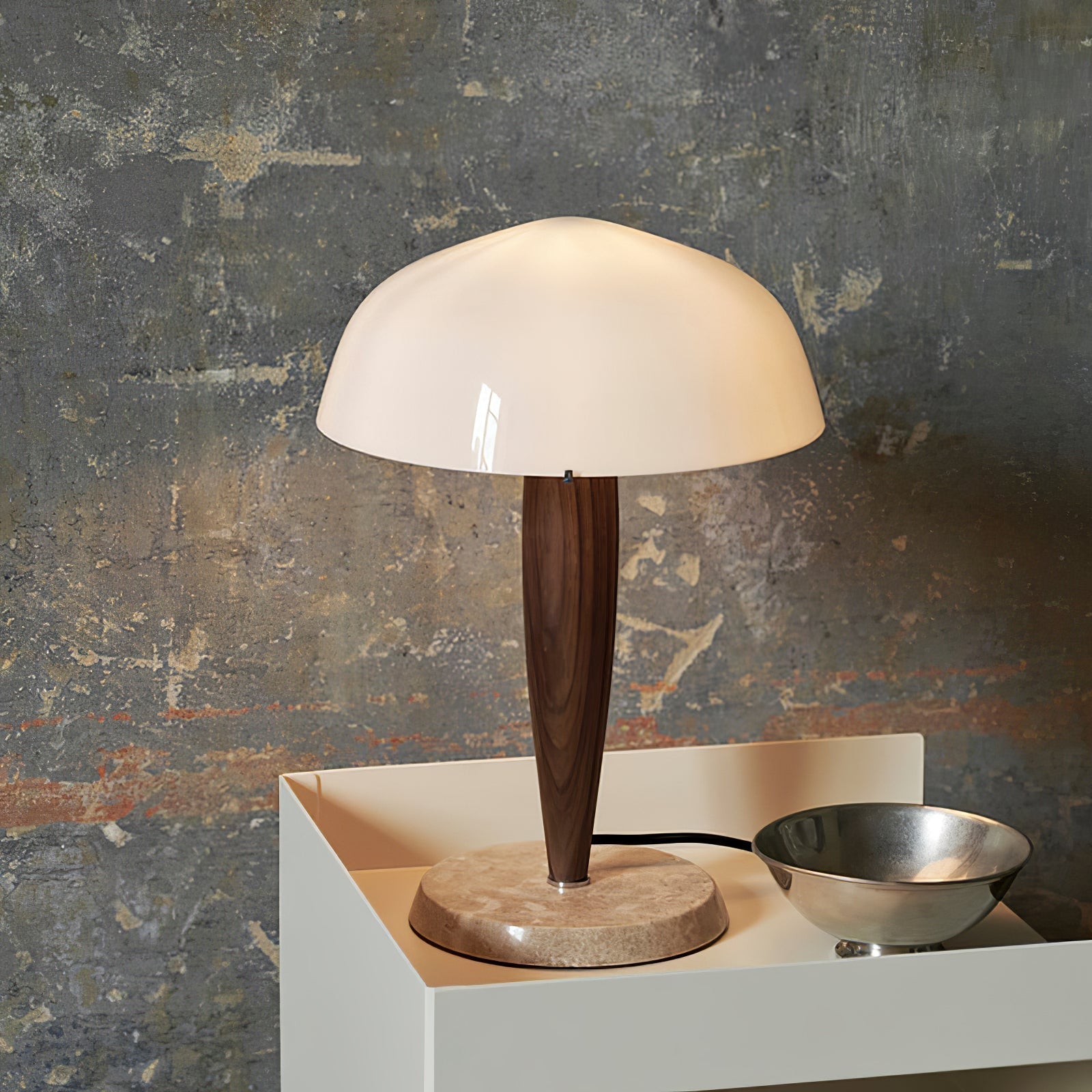 Mid Century Modern Glass Globe Table Lamp with Dark Walnut Wood and Marble Base