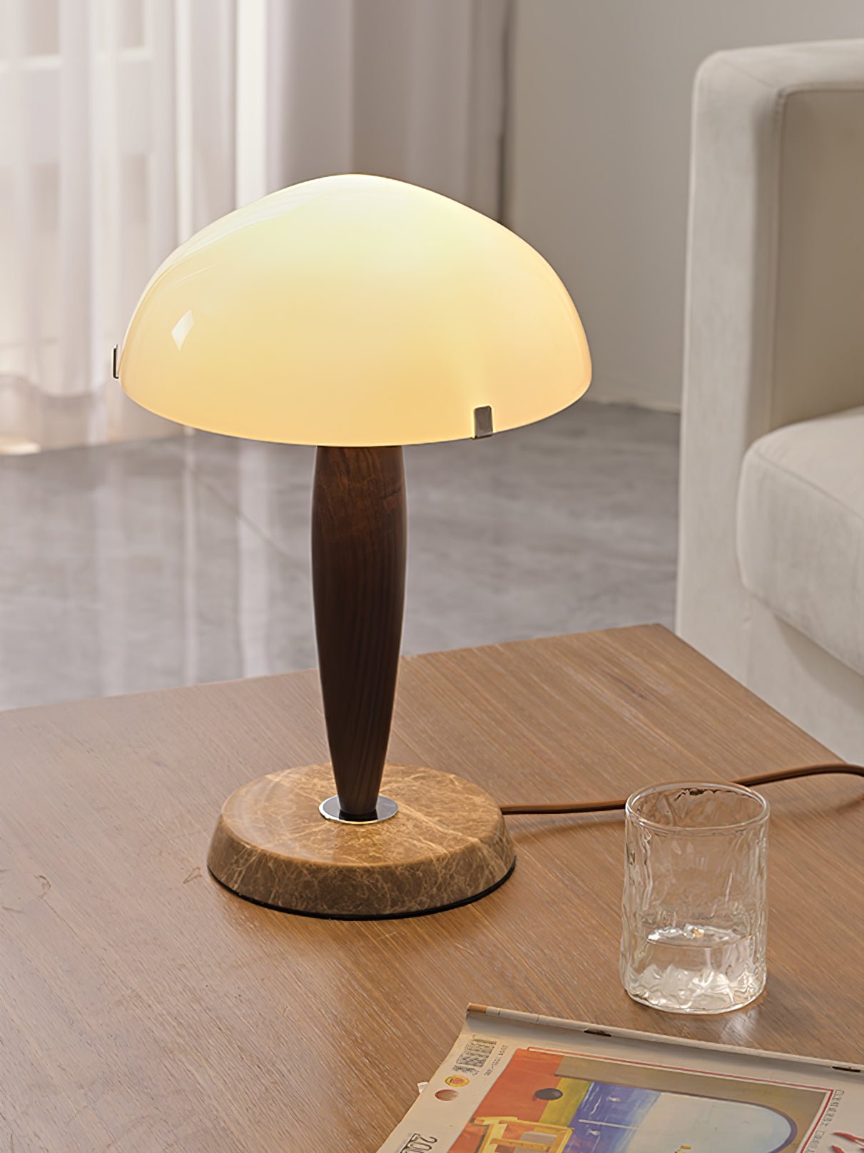 Mid Century Modern Glass Globe Table Lamp with Dark Walnut Wood and Marble Base