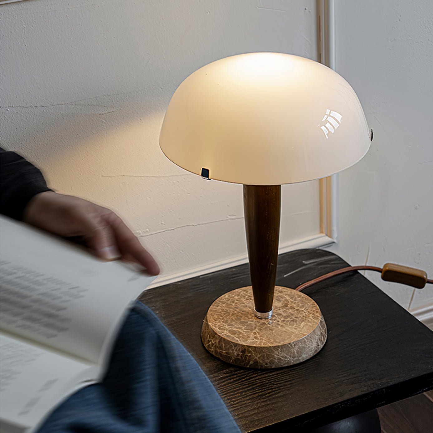 Mid Century Modern Glass Globe Table Lamp with Dark Walnut Wood and Marble Base